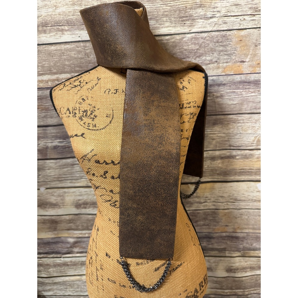 Distressed Brown Faux Leather Wrap Scarf with Gunmetal Chain Fringe Detail